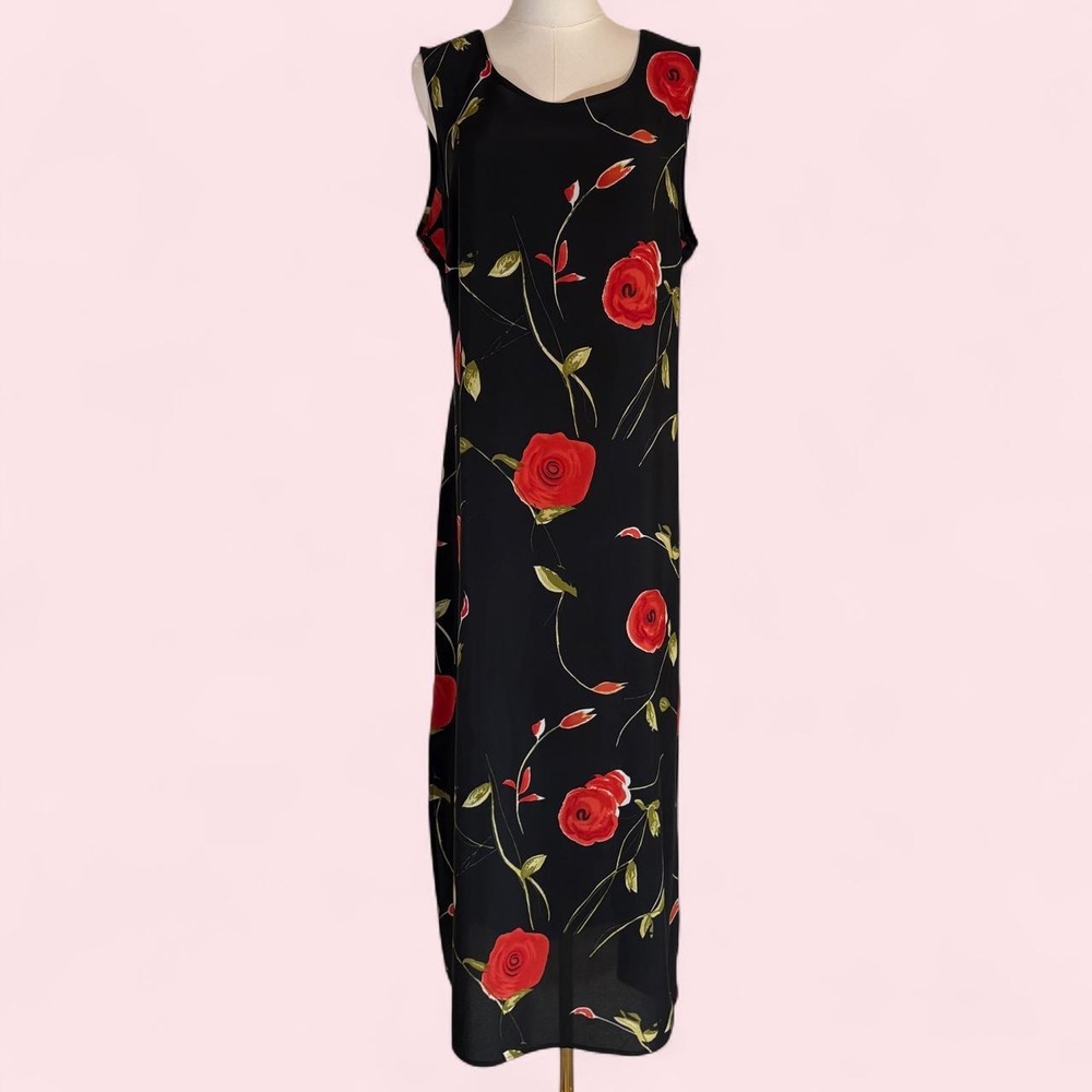 Vintage Joanna Black Maxi Dress Red Roses Tie Waist Size XL